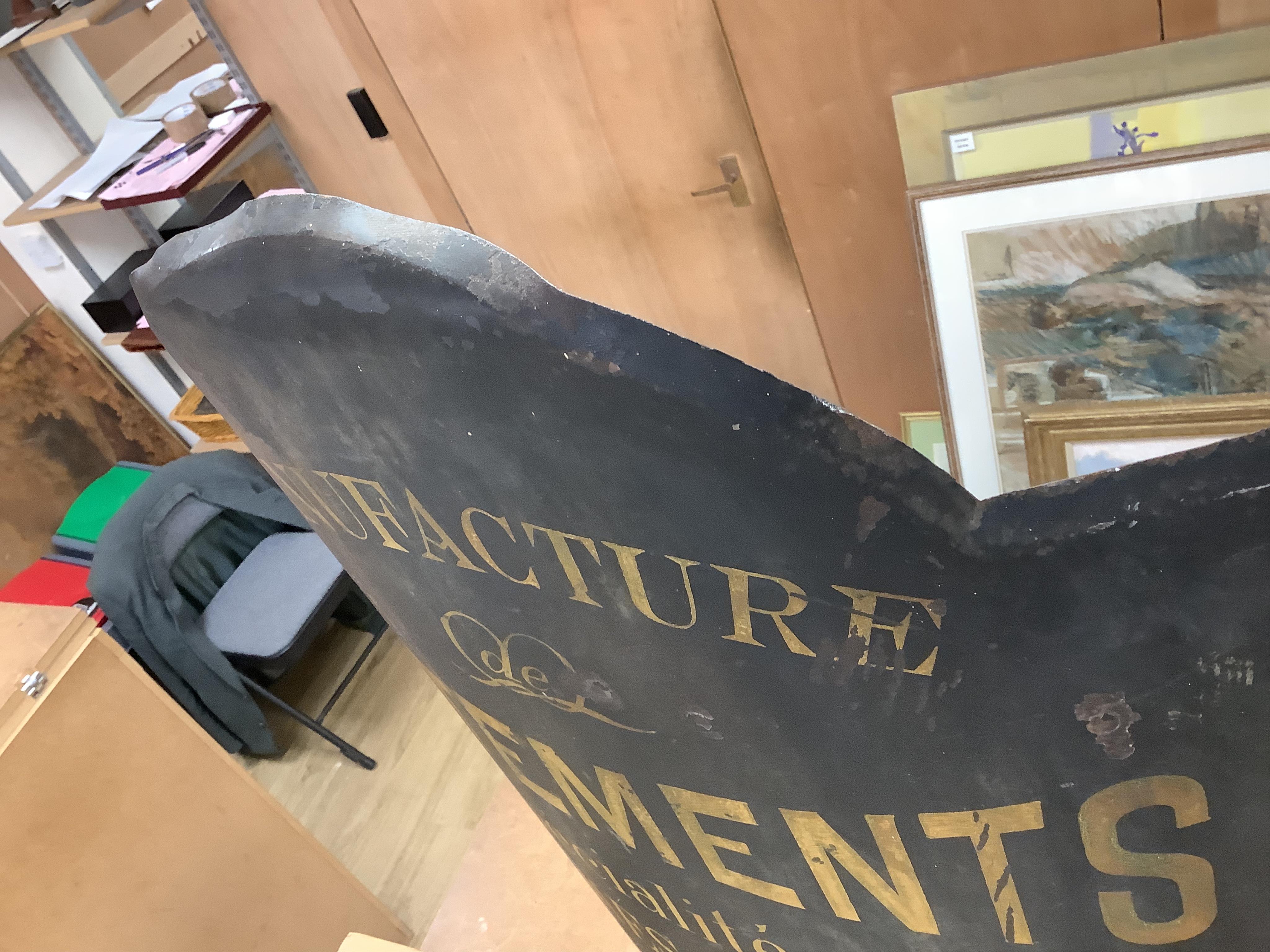 Two curved metal French identical shop signs, 90cm high x 55cm wide